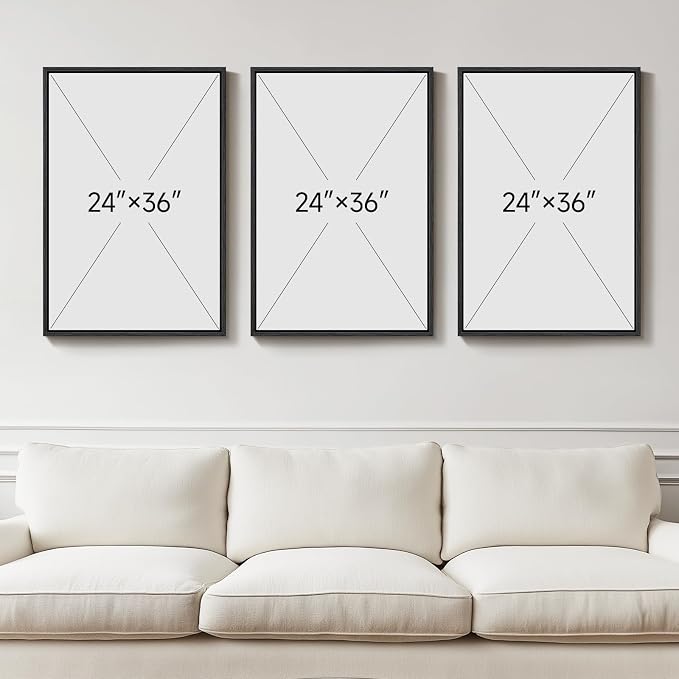 Large Framed Boho Floral Wall Art for Living Room, 3 Piece Mid-Century Modern Abstract Botanical Canvas Painting Prints Artwork for Walls, Black and White Flowers for Bedroom Hallway Office, 24x36