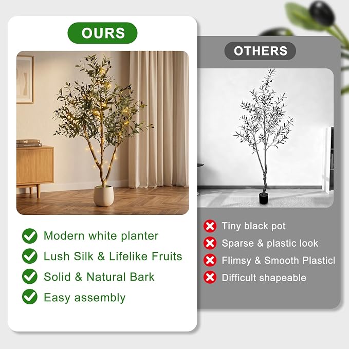 TNELTUEB Olive Trees Artificial Indoor: 5FT Fake Tree with Lights & Planter, Realistic Faux Olive Tree with Lifelike Fruits for Living Room Decor, Fake Silk Plants for Modern Home Office