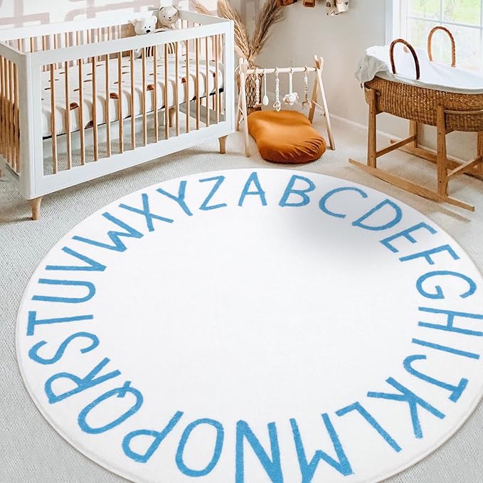Topotdor Round Kids Play Rug Alphabet Nursery Area Rug Extra Large Soft Crawling Play Mat for Children Toddlers Bedroom (47 inch, Sky Blue/White)
