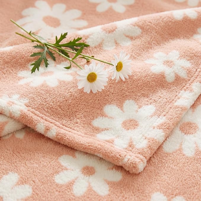 WRENSONGE Soft Throw Blanket for Couch-Cozy Reversible Knitted Blankets | Lightweight Warm Fluffy Decor for Women, Mom, Her & Girls, Sofa, Chair, Bed, 50x70in,Daisy Floral Peach Orange