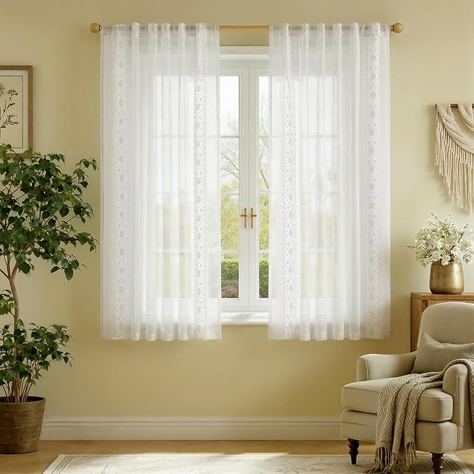jinchan Weslie Floral White Sheer Curtains for Bedroom 63 Inch Long Embroidered Voile Farmhouse Linen Curtains for Living Room Bordered Flower Patterned Cottage Core Window Drapes 2 Panels Off White