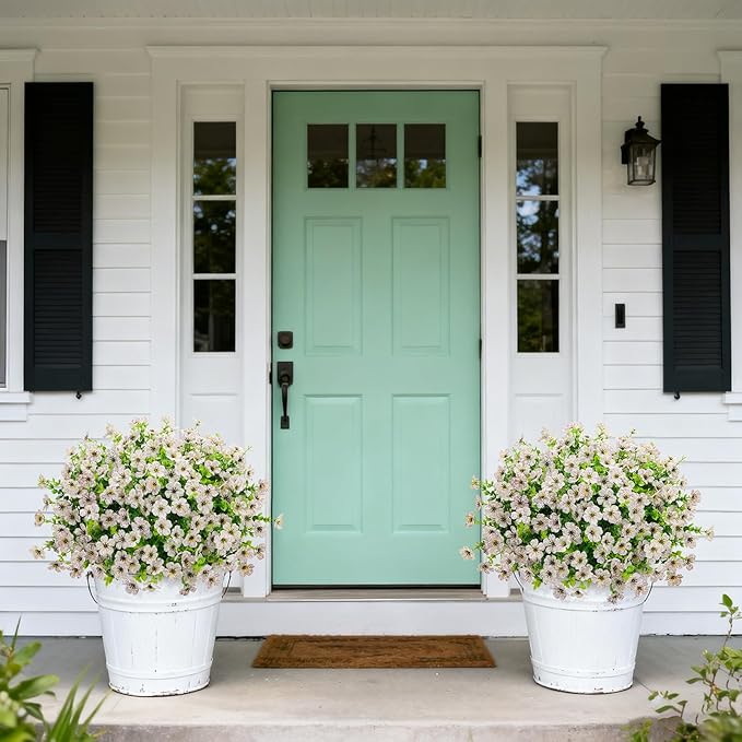 Ouddy Decor 12 Bundles Artificial Flowers for Outdoors Fake Silk Flowers UV Resistant Faux Plastic Plants for Spring Summer Garden Porch Window Box Table Vase Home Indoor Outdoor Decoration, White