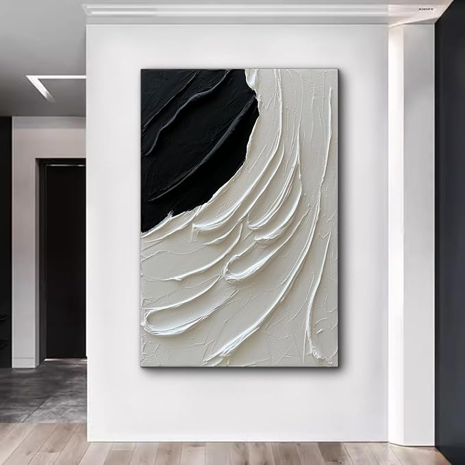 Creespi Large Hand Painted Black and White Thick Textured Wall Art 30x45 inch,Modern Minimalist Abstract Oil Painting On Canvas for Wall Decoration