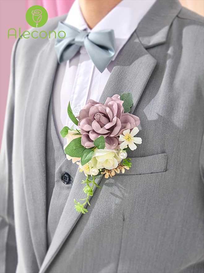 Alecono Boutonniere for Men, Set of 2 for Wedding Groom Groomsmen, Purple Artificial Flowers for Ceremony Anniversary Marriage Graduation Prom Dinner Party Homecoming