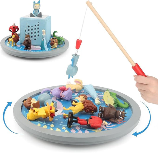 360° Round Turntable for Tonies Figures Storage, Fun Fishing Game with Magnetic Hook to “Catch” for Tonies Characters, Ocean Theme Wooden Organizer Storage Shelf Display for Toniebox 1/2