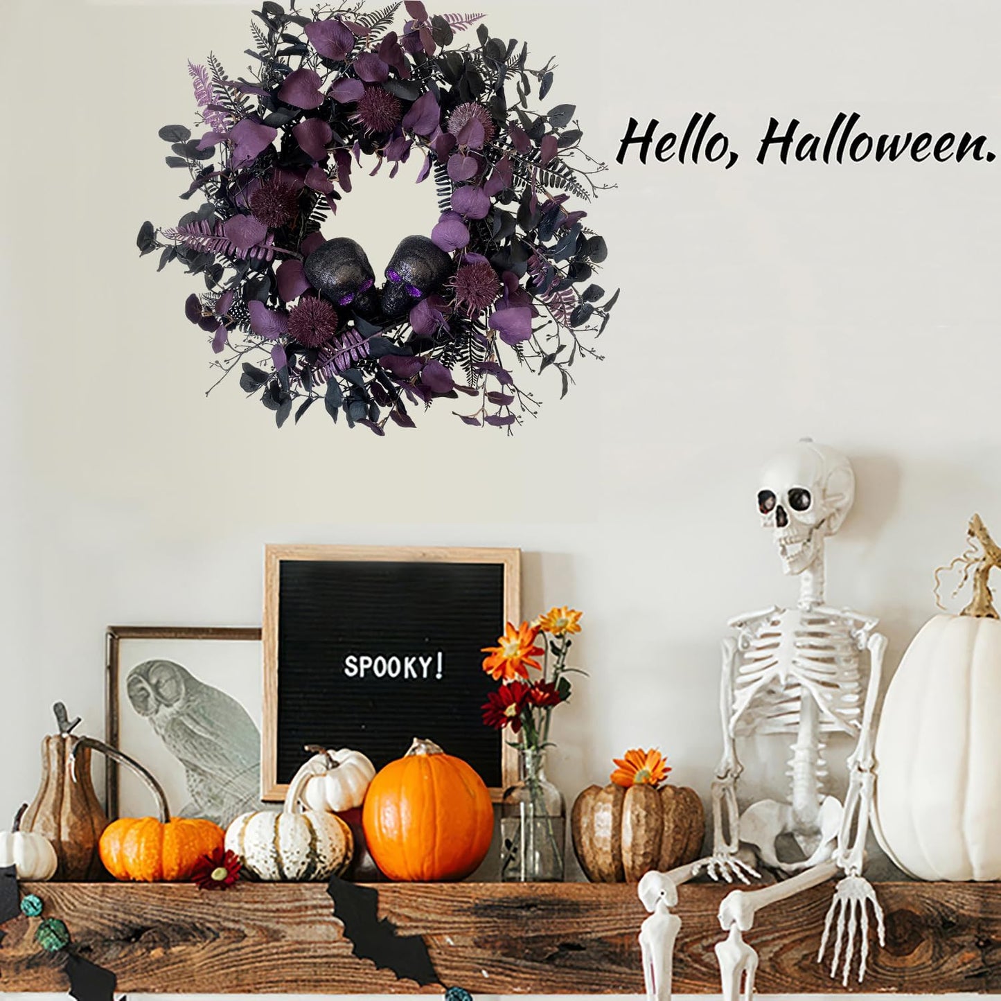 20" Halloween Wreaths for Front Door, Black Glitter Skulls Purple Eucalyptus Leaves Halloween Horror Decor, Gothic Party Room Decoration