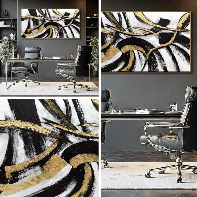 Black And Gold Abstract Framed Wall Art Minimalist Lines Painting Artwork Modern Picture Prints Large Wall Decor 24"x48"