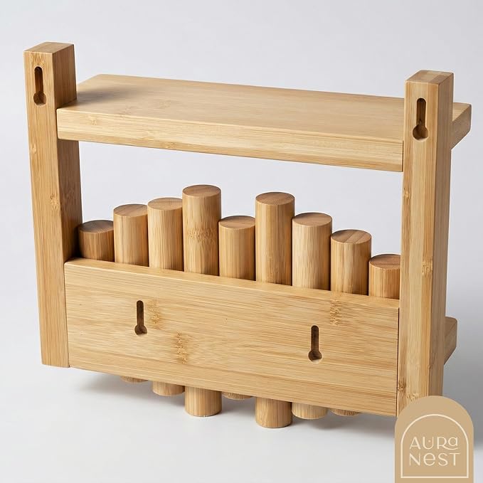 Bamboo Wall Mounted Coat Rack with Shelf Flip Down Wooden Hooks for Entryway Hallway Bedroom | Matte Black Piano Hanger, 3 Hooks, Space Saving Organizer