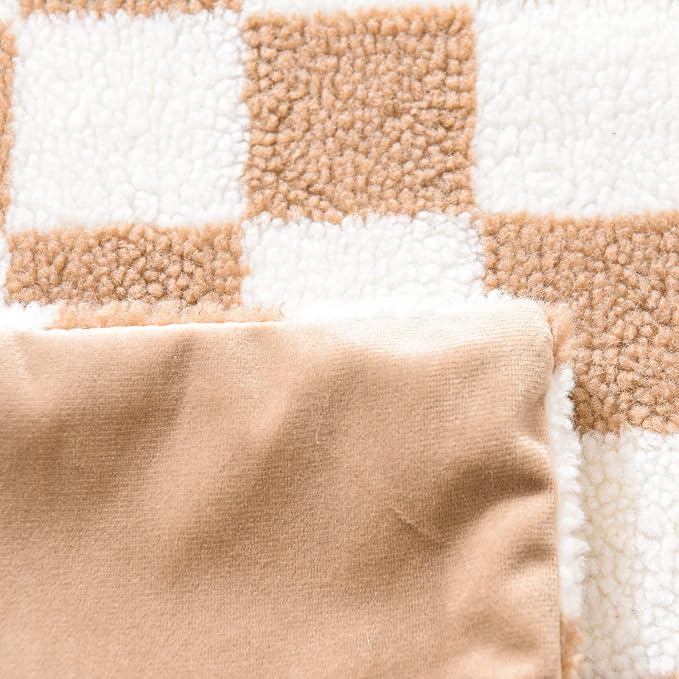 WACOMECO Decorative Throw Pillow Covers - Soft Sherpa Checkerboard Cushion Covers Faux Fur Pillow Cases for Sofa Bedroom Livingroom Car, 16 x 16 in, Khaki and Off White
