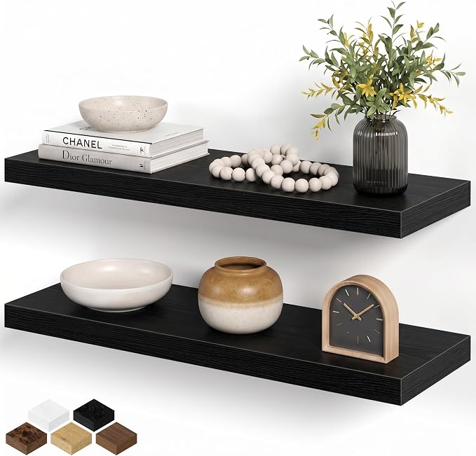 Fun Memories Black Floating Shelves for Wall Set of 2, 28" Black Floating Shelves for Home Decor, Rustic Wood Wall Mounted Shelf, Hanging Deep Shelf for Living Room, Bedroom, Bathroom, Kitchen