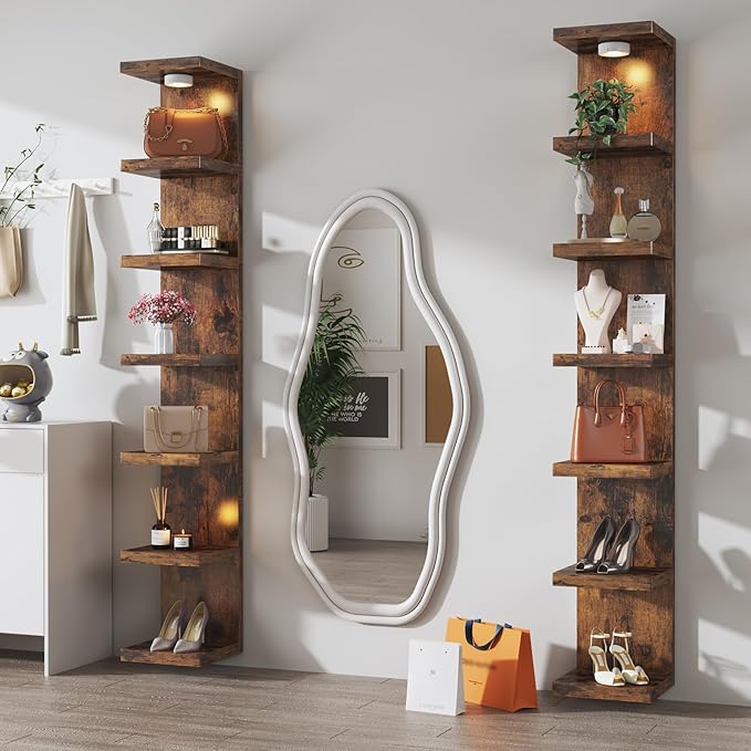 7-Tier Wall Shelf Unit with USB Rechargeable Led Light (Remote Controlled),Versatile Floating Display Shelves,Lack Style Wall Shelves for Bedroom,Living Room,Office Decor,Vanity-Rustic Brown