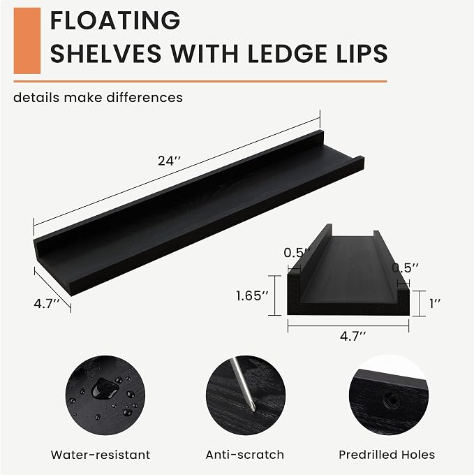 FLYJOE Picture Ledge Shelf for Wall, 24 inch Solid Ash Wood Nursery Book Shelves 2 Packs, Floating Shelves for Kids' Room Bedroom Bathroom Living Room Photo Frames Office Nursey Wall Decor, Black