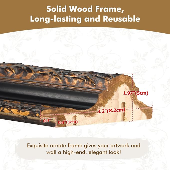 DIY Solid Wood Ornate Frame for 20x24 Rococo Paintings, 3.2” Wide Black Gold Traditional Frame for Pictures Art Lover Housewarming Birthday Wedding Grandparents Teacher Gift, No Cover & Back