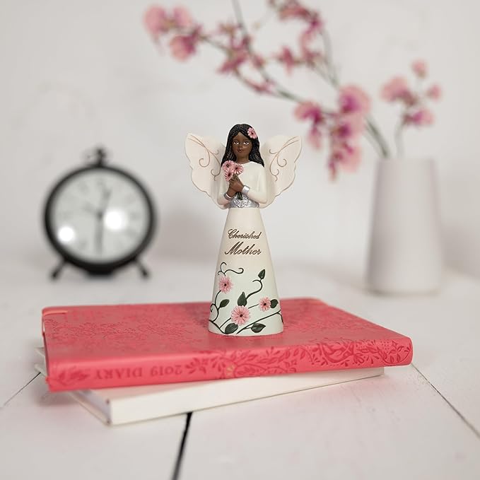 Pavilion Gift Company - Cherished Mother - 5" Ebony African American Angel Figurine Floral Spring Home Decor Mommy Mama Mom Present from Daughter Son Kids