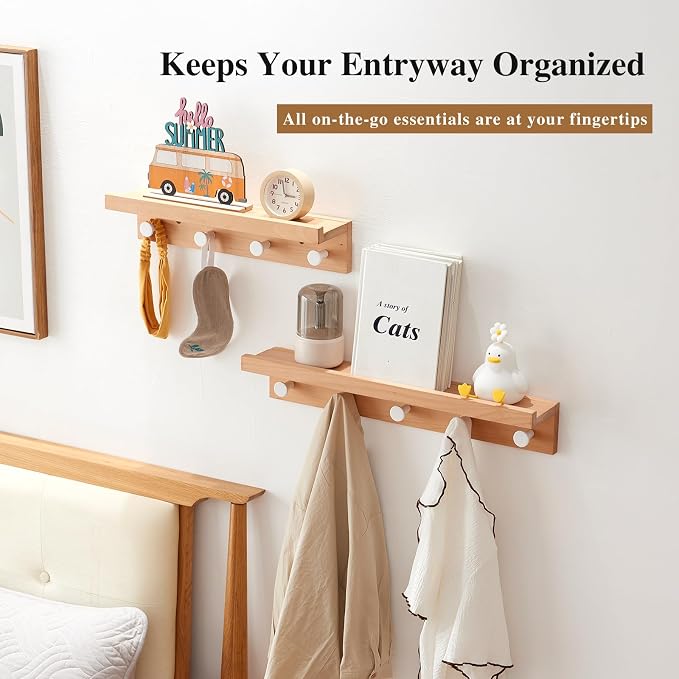 Wall Hooks with Shelf 19 inch, Beech Wood Entryway Wall with 4 Hooks, Floating Shelf Coat Rack for Bathroom, Living Room, Bedroom (19inch)