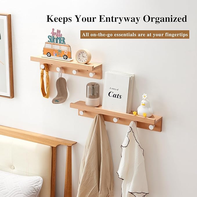 Wall Hooks with Shelf 24 inch, Beech Wood Entryway Wall with 5 Hooks, Floating Shelf Coat Rack for Bathroom, Living Room, Bedroom (24inch)