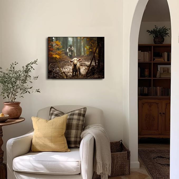 Baptism gifts for boys or girl wall decor, christian gifts for women & men, Jesus and Lamb Canvas poster Jesus Running After Lost Lamb Picture for prayer room Posters religious gift serenity prayer wall art for home decor A-366 (24"X16")