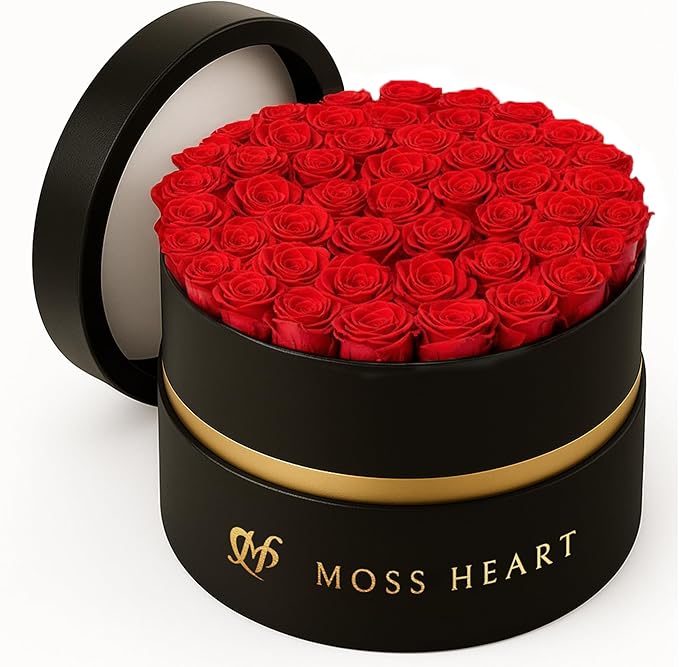 50 Petite Preserved Roses, Designer Round Box, Real Forever Roses Last 1+ Year, Premium Gift for Women, Wife, Girlfriend, Mother’s Day, Birthday, Anniversary, Valentine’s Day