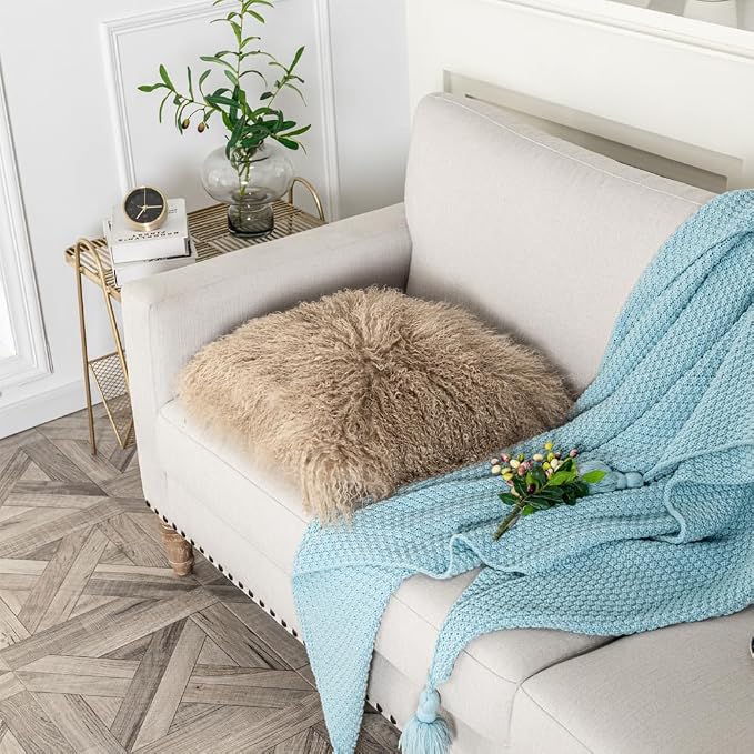 Mongolian Lamb Fur Throw Pillow Cover (18'' x 18'', Khaki) Real Sheep Fur Decorative Cushion Cover Case Home Decorative Square Throw Pillow Cover Plain Wool Pillow Protector