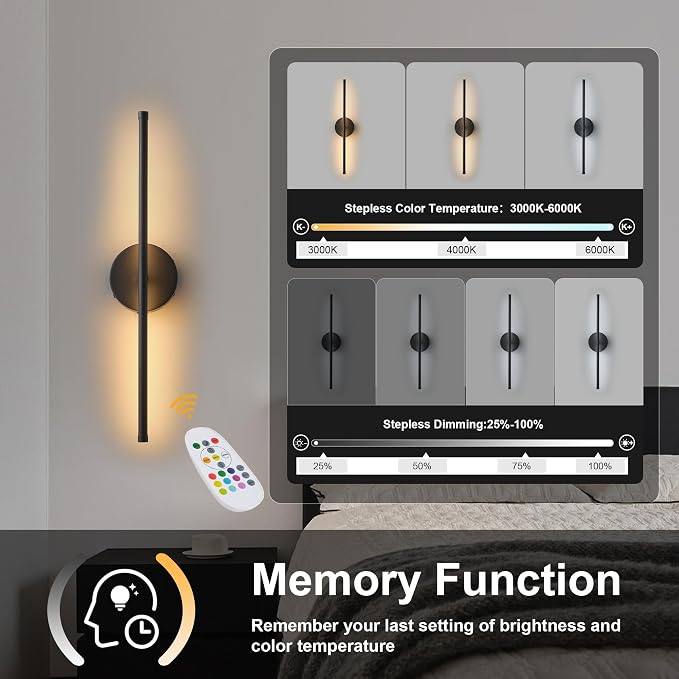 KARTOOSH Battery Operated Wall Sconces Set of Two, with Remote Control, Dimmable, Warm White/Natural White/Daylight/RGB, 350°Rotate, LED Black Wireless Wall Light for Living Room, Bedroom, 20.4 Inch