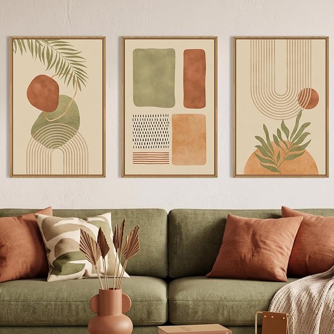 Large Boho Sage Green Framed Canvas Wall Art,Abstract Geometric Beige Wall Decor,Mid Century Modern Art Prints,Neutral Botanical Leaf Artwork for Living Room,Bedroom,Office -24"x36"x3