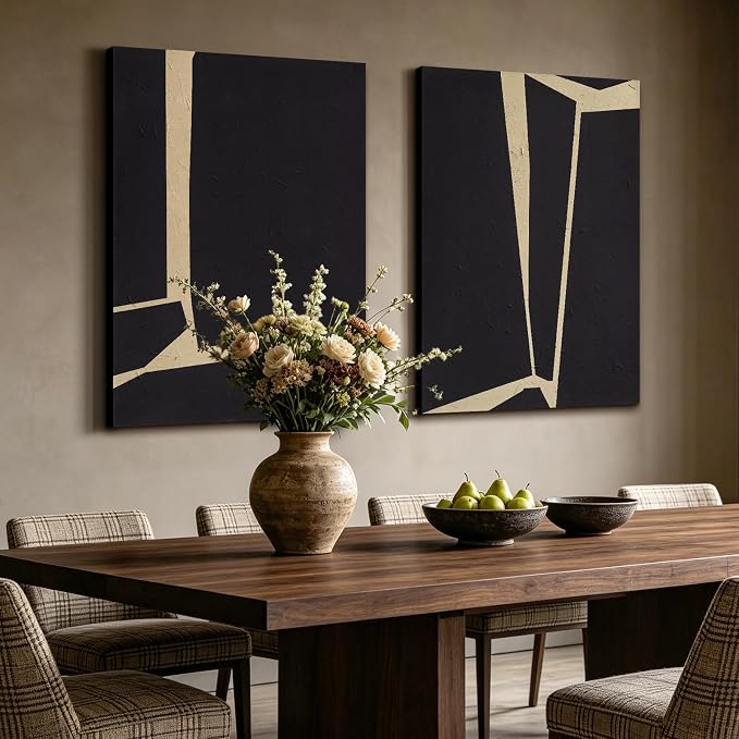 Large Modern Abstract Black Vertical Wall Art for Living Room, Set of 2 | Hand‑Painted Oil Painting with Matte Finish, Diptych Minimalist Canvas Artwork for Bedroom, Neutral Wall Decor, 28x40" Each