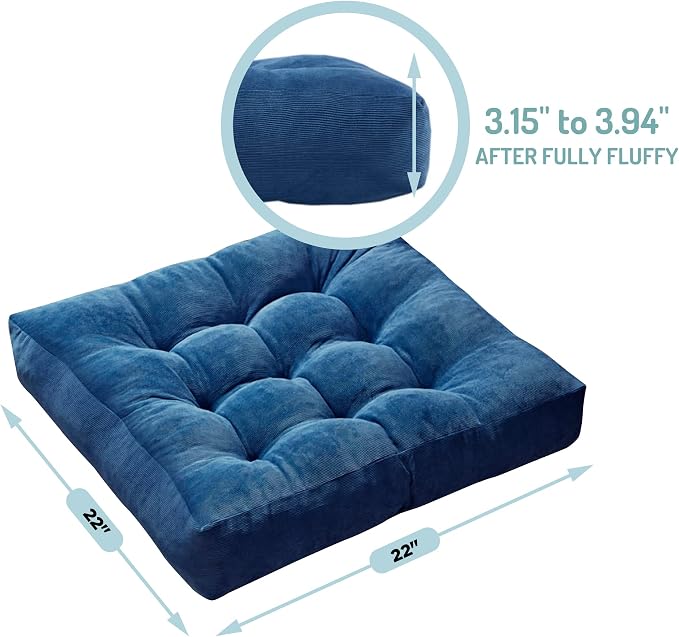 Degrees of Comfort Floor Cushion 6 Pack for Meditation, Office & Dorm Room – Corduroy Soft Seating Set, 22 Inch, High-Density Foam, Square Shape, Navy