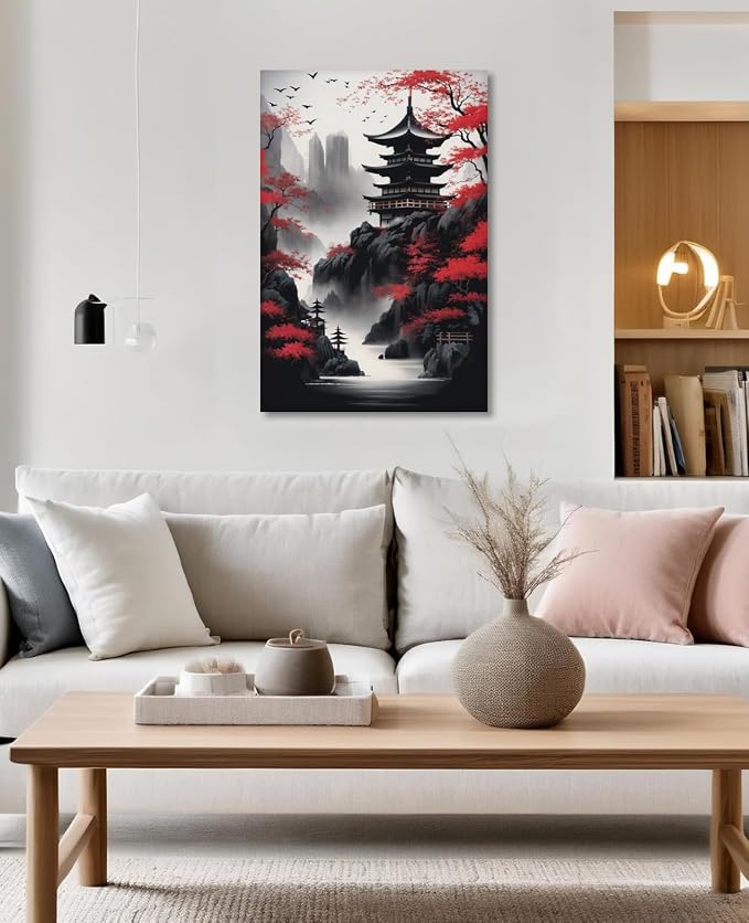 KPLUNDO Japanese Wall Art Asian Landscape Canvas Prints Red and Black Cherry Blossom Trees Picture Vintage Painting for Bathroom Living Room Bedroom Home Wall Decor(Art-1,12.00x18.00 inch)