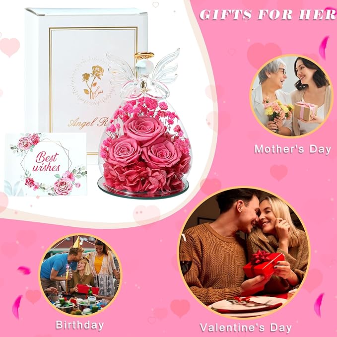Beferr Mothers Day Mom Birthday Gifts for Women, Fresh Flowers for Delivery Forever Preserved Rose in Glass Angel Figurine, Anniversary Christian Real Rose for Grandma Nana Wife Mum from Daughter Son