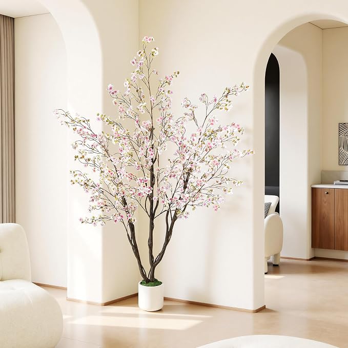 Caxchiling Artificial Cherry Blossom Tree 6FT, Pink Faux Floor Tree | Ball-Shaped Pot with Moss Topper, Lifelike Faux Tree for Home Office, Living Room, Bedroom, Doorway and Hallway Decor