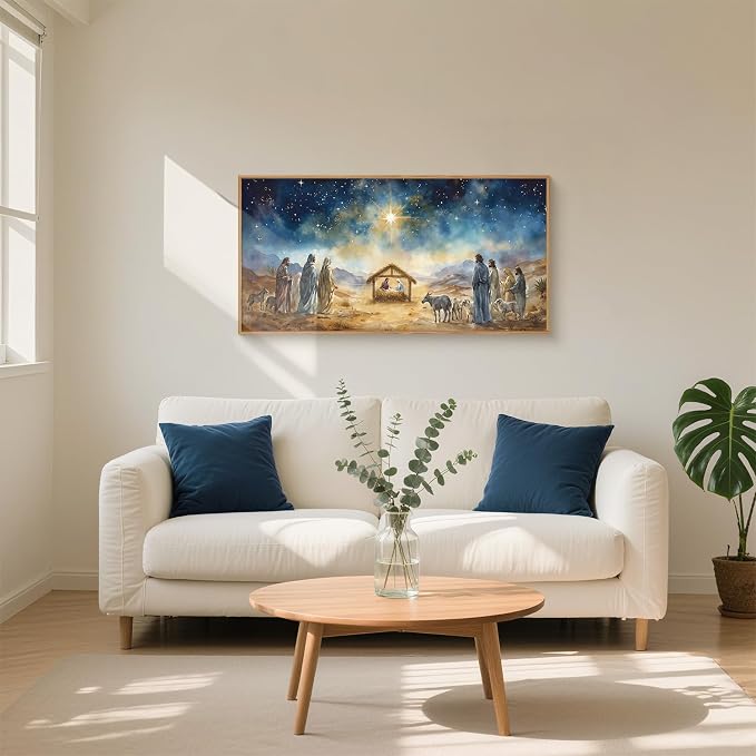 LHIUEM Large Bible Christian Religious Framed Canvas Wall Art Set,Birth of Jesus Nativity Wall Decor,Christmas Mary and Joseph Artwork for Living Room,Bedroom,Dining Room,Office -20"x40"x3