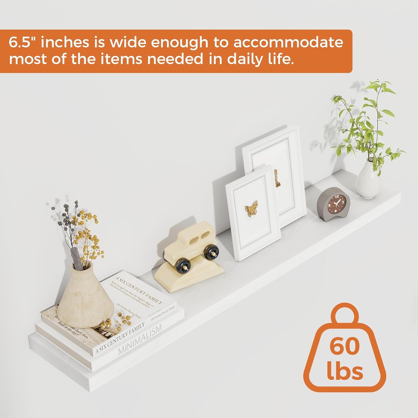 Fun Memories 36Inch Floating Shelves for Wall 2 Pack Wood Shelves for Kitchen, Bathroom, Bedroom Wall Mounted Rustic Wood Floating Shelf with Invisible Brackets for Books, Storage, Decor, White