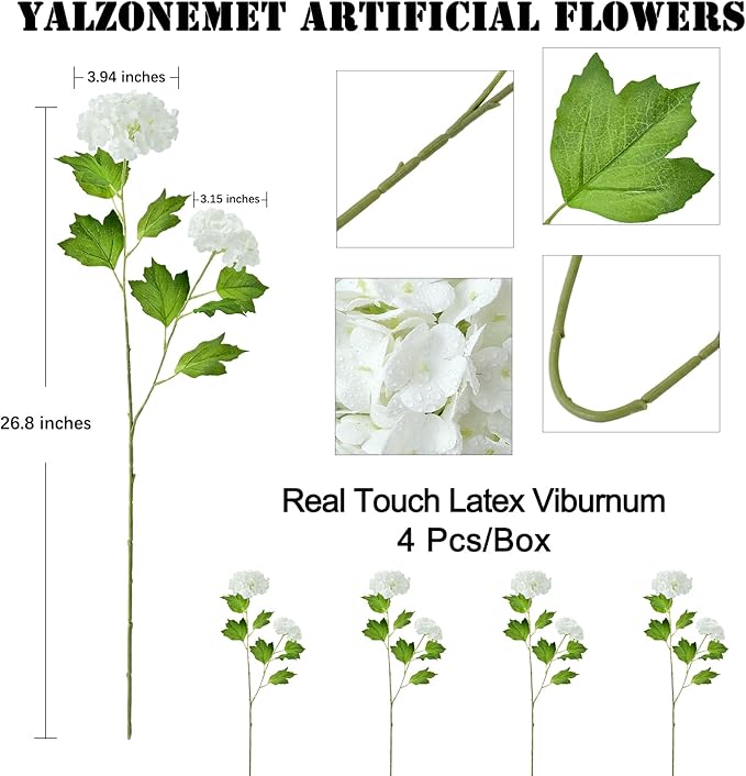 YalzoneMet 4 Pcs 26.8'' Viburnum Artificial Flower Snowball Lifelike Long Stem Real Touch White Small Hydrangea Latex Flower for Home Christmas Decoration Table Centerpieces Floral Arrangements