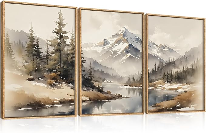 Watercolor Misty Mountain Framed Canvas Wall Art Set, Foggy Pine Tree Wall Decor, Winter Landscape Wall Painting, Nature Snowy Forest Art Print for Living Room, Bedroom, Office -24"X36"X3