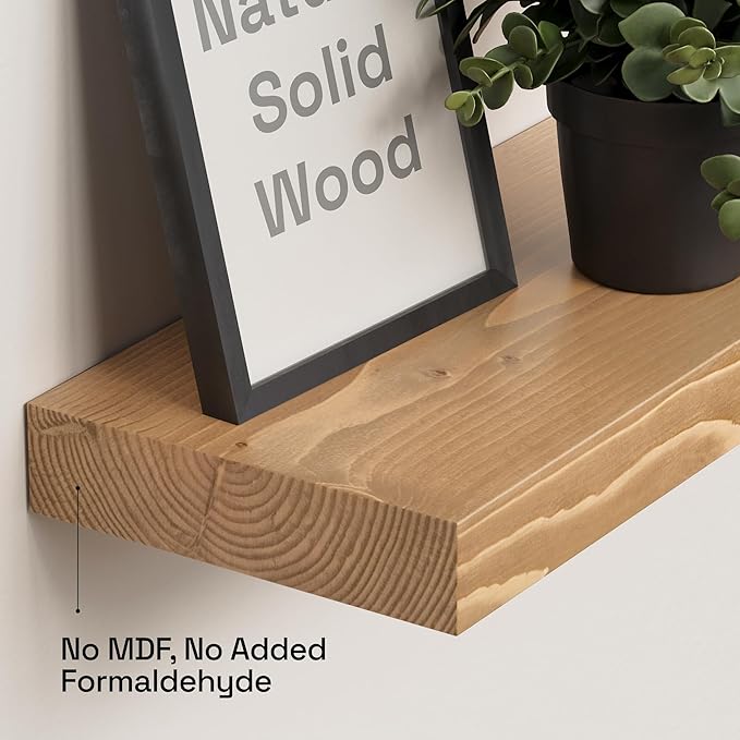Natural Wood Floating Shelves for Wall 30 Inches Long, Oak Wooden Shelf | Solid Wood, Wall Mounted, Large Bathroom Shelves for Room Wall, Kitchen Bedroom Farmhouse, Oak Finish, 30W × 6.7D, Set of 2