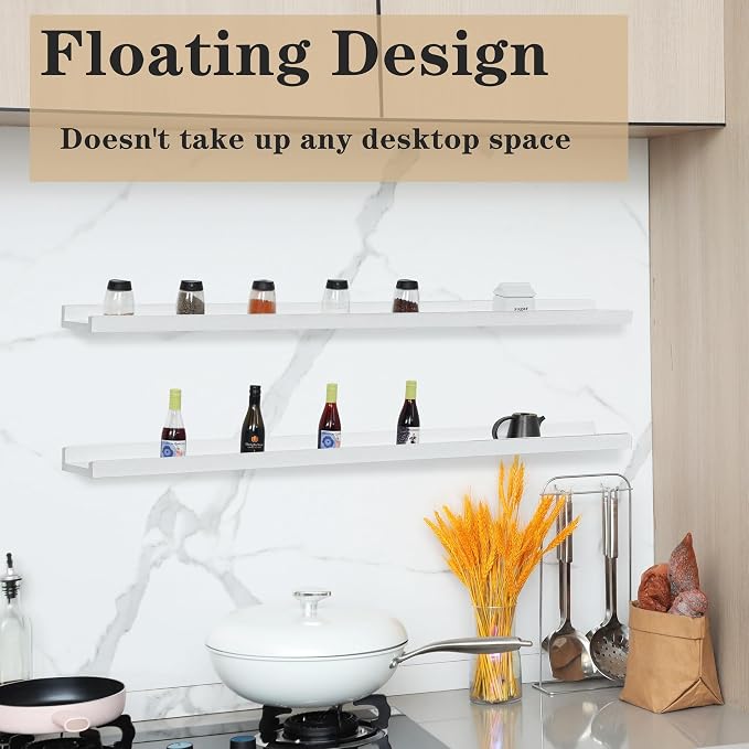 PHOENANCEE Long Floating Shelves for Wall 47 Inch,Real Wood Picture Ledge with Lip Set of 4,Photo Frame Storage Display for Living Room Nursery Bedroom Bathroom Kitchen Home Office Decor (White)