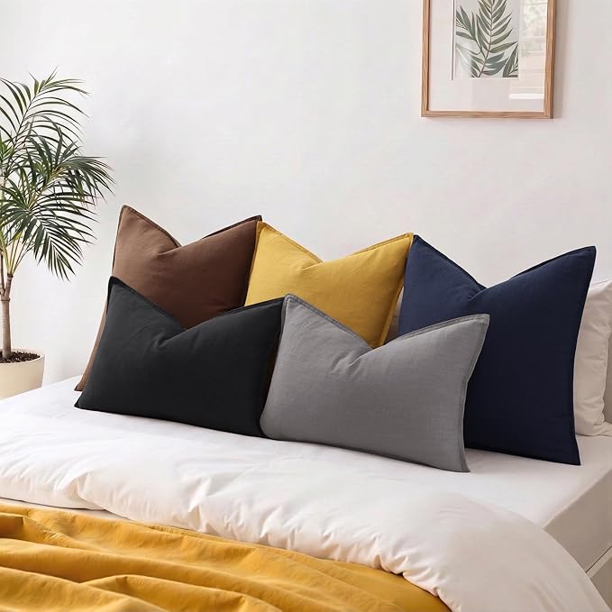 decorUhome Summer Decorative Linen Throw Pillow Covers 12x20 Inch Set of 2 Black Lumbar Pillow Covers with Flange Edges Soft Farmhouse Boho Accent Pillow Cases for Couch Bed Living Room