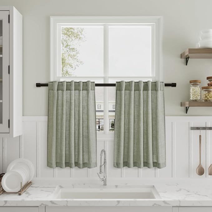Sage Green Linen Half Kitchen Curtains 36 Inch Length Sets of 2 Back Tab Rod Pocket Boho Cafe Short Curtain for Windows Semi Sheer Light Filtering Drapes for Bathroom RV Camper Laundry 26x36