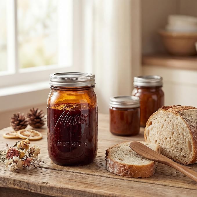 Rubtlamp Amber Mason jar 32 oz, 12 Pack Glass Jars - Wide Mouth Mason Jars with Airtight Lids for Pickling, Fermenting, Food Storage&DIY Crafts, Microwave & Dishwasher Safe