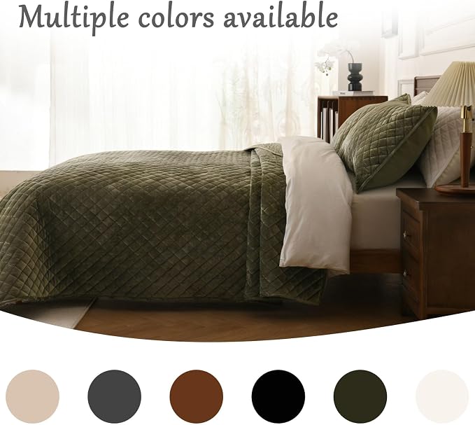 3-Piece Velvet Quilt Set King Size 98"x106" Bed Blanket Quilted Bedspread Soft Luxury Bedding with 2 Pillow Shams 20''x36'' for All-Season,Army-Green