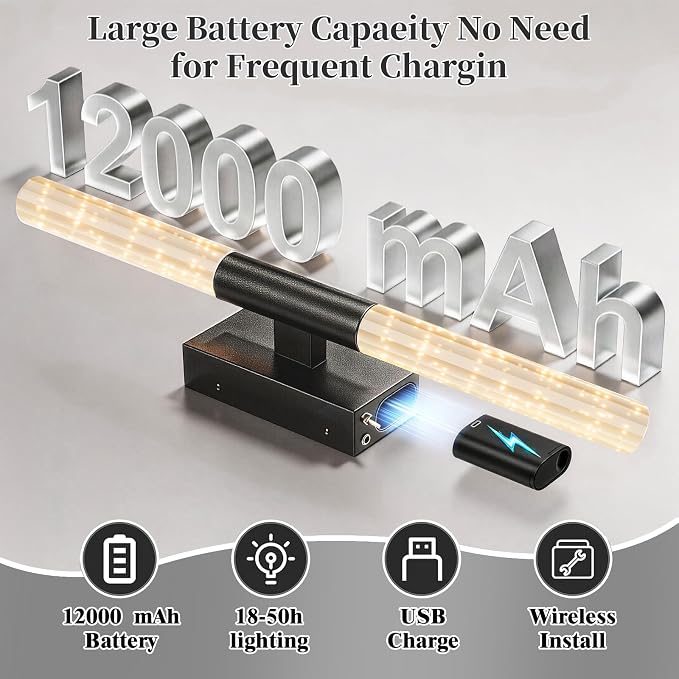 camuucci Battery Operated Wall Sconces Set of 2 Rechargeable Battery Powered Wall Light with 12000mAh Not Hardwired Dimmable Wall Lamp Fixtures for Bedroom Living Room Black 25.6 Inches