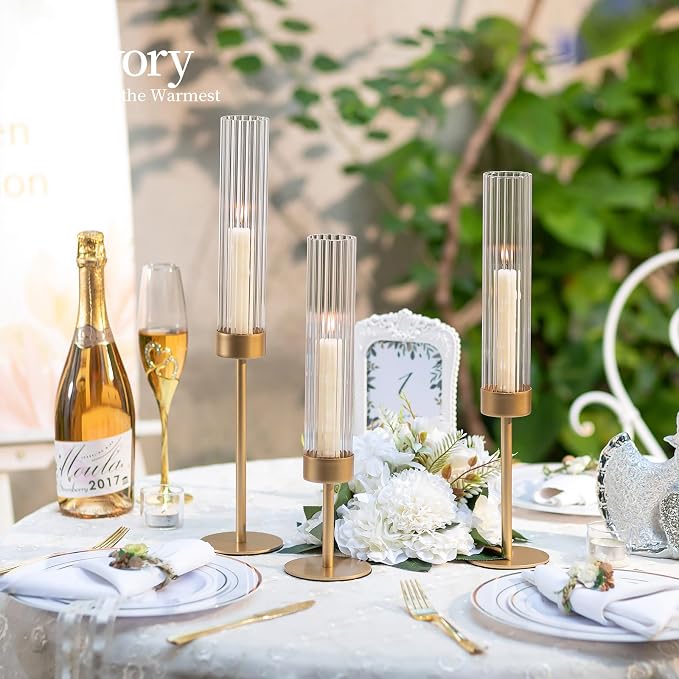 Hewory Gold Hurricane Candle Holders: 12 PCS Brass Tall Candlestick Taper Candle Holders Bulk for Candlesticks Candle Sticks Holder Decor for Table Centerpiece Wedding Party Christmas Decorations