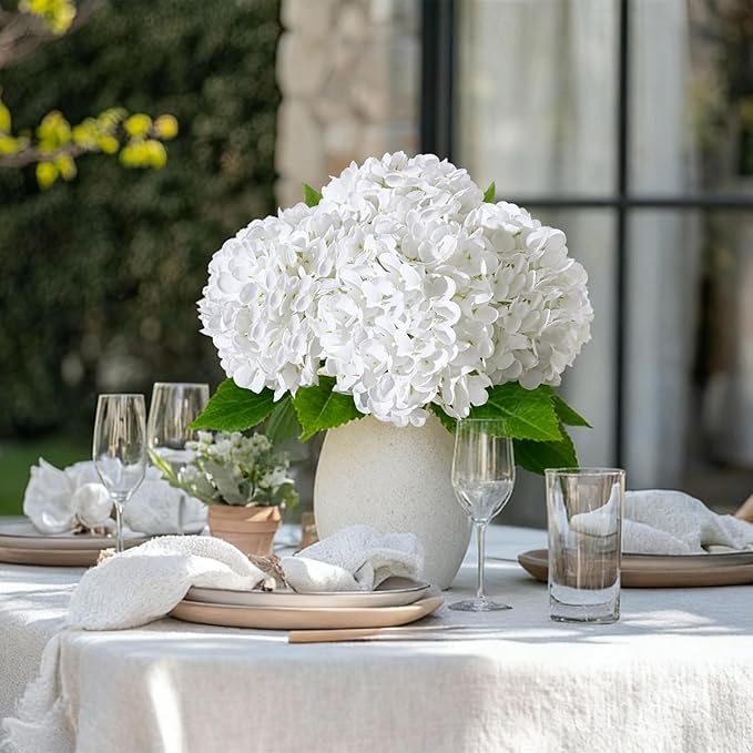 4 Pcs Artificial Hydrangea Silk Flowers with Stems, 19.7" White Faux Hydrangeas Bouquet, 240 Petals, UV Resistant & Waterproof Fake Flower for Outdoor Wedding Home Decor