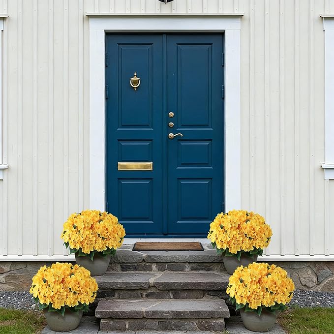 FOTEEWL 8 Bundles Artificial Hydrangea Flowers for Outdoor Decor, Realistic Faux Silk Bouquets Sun-Resistant Fake Plants for Front Door Balcony Farmhouse Garden Home Spring Summer Decor (Yellow)