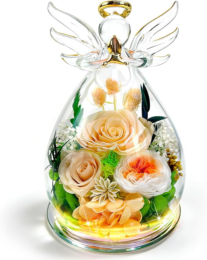 MOKOQI Gifts for Mom Birthday Gifts for Women | Forever Rose Preserved Flower in Glass Fresh Flowers for Delivery Prime, Real Rose Angel Figurine Mother’s Day Gift for Mother in Law Grandma Sister