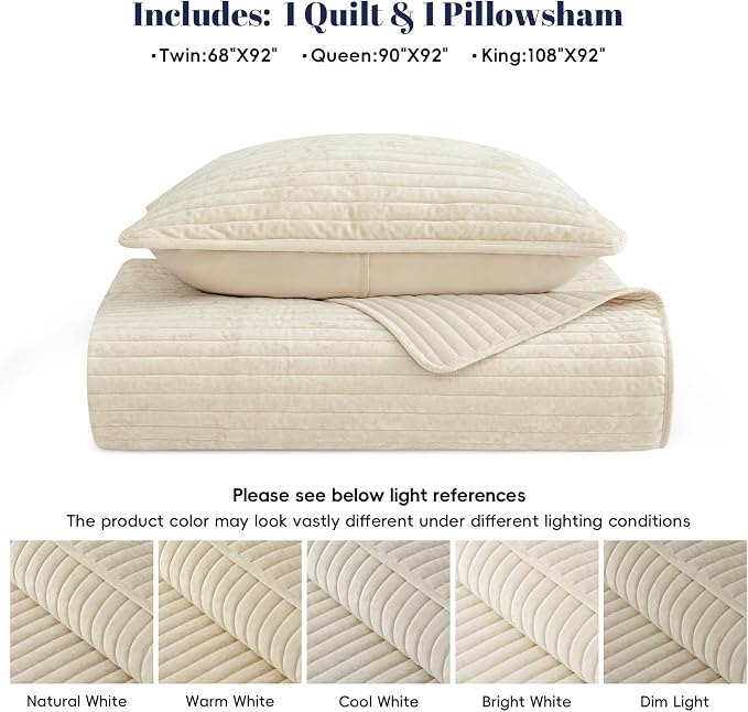 PHF Luxury Velvet Quilt Set Twin Size – 2PCS Ultra Soft Quilted Comforter Alternative with Striped Channel, Cozy Quilted Bedspread, 1 Coverlet with 1 Matching Sham, 68" x 92", Sand