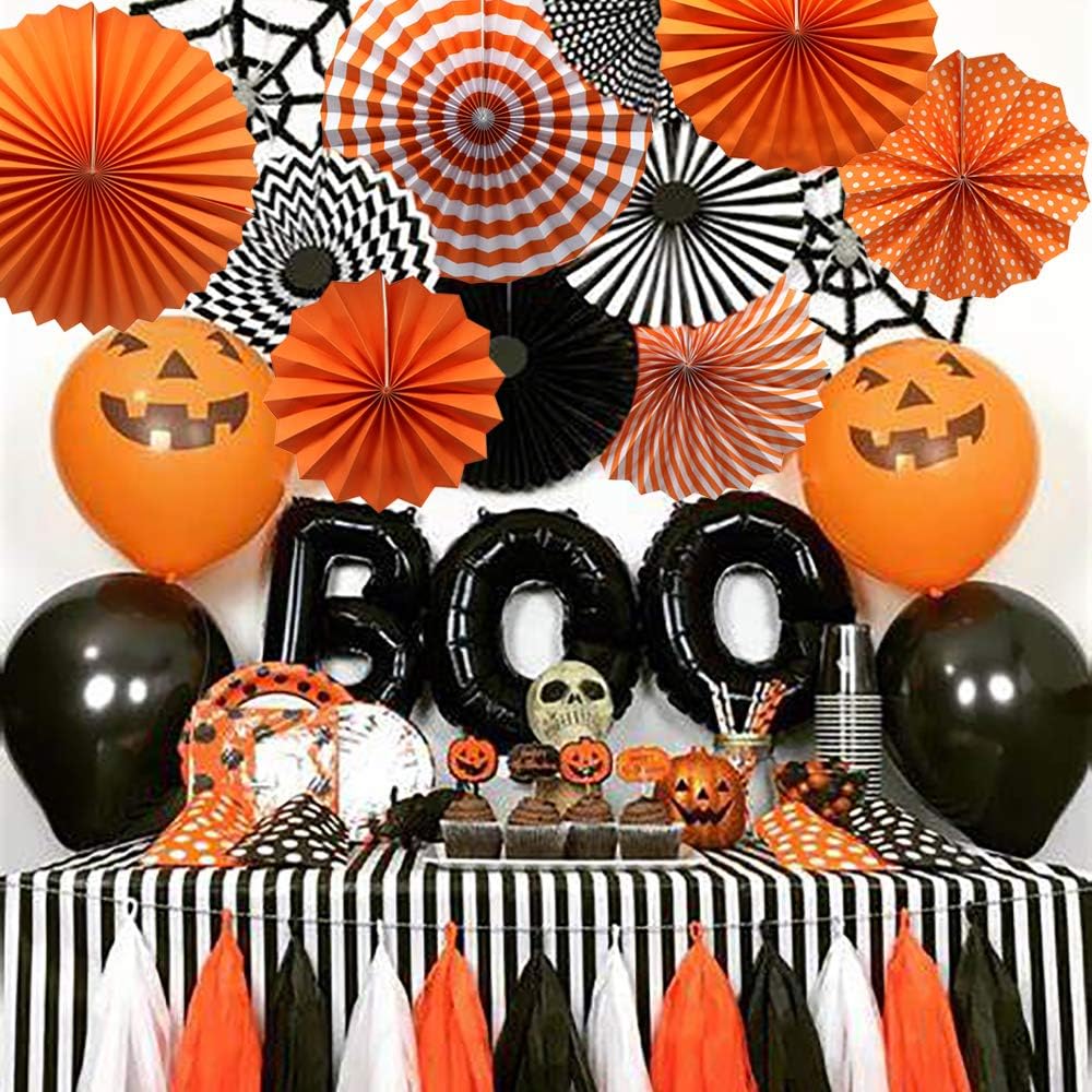 Party Hanging Paper Fans Set, Orange Round Pattern Paper Garlands Decoration for Birthday Wedding Graduation Events Accessories, Set of 6