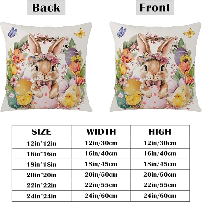 Easter Bunny Pillow Covers Spring Colorful Easter Eggs Pillow Cases Rabbit with Tulip Flower Throw Pillow Covers 20x20 Set of 2 Floral Wreath Cushion Cases for Home Porch Garden