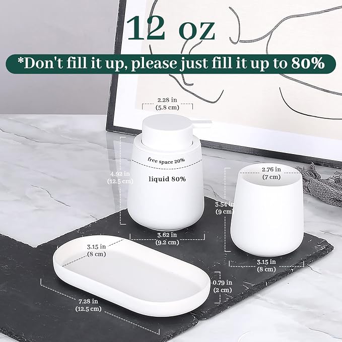 BosilunLife Ceramic Bathroom Accessories Set 3 Pcs, Liquid Soap Dispenser and Toothbrush Holder with Tray, Modern Farmhouse Vanity Decor, White Housewarming Gift
