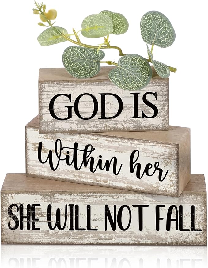 Lineshading 4 Pcs Christian Table Decor Inspirational Religious Gifts for Women God Is Within Her Bible Verse Wooden Block Signs Gift Farmhouse Christian Centerpiece for Mother's Day Home & Office